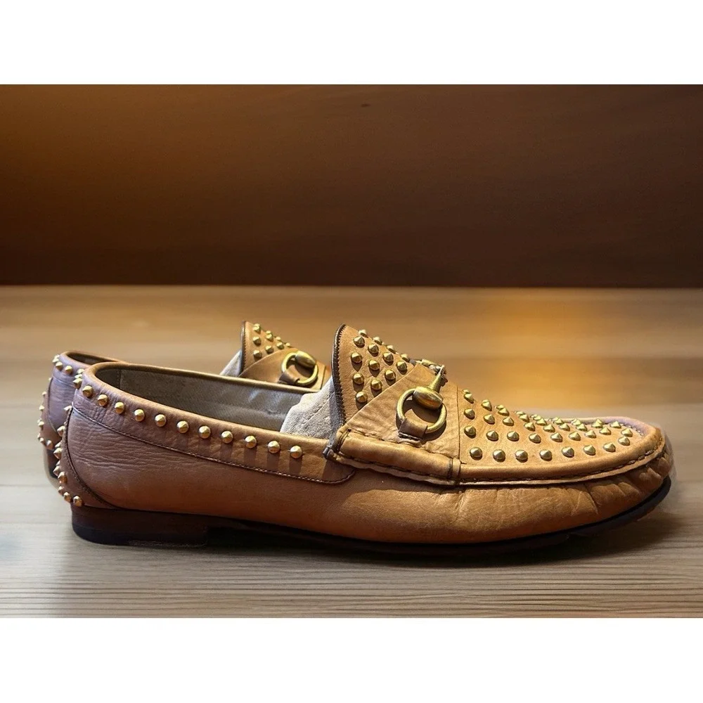 Gucci Brown Studded Leather Horsebit Loafers